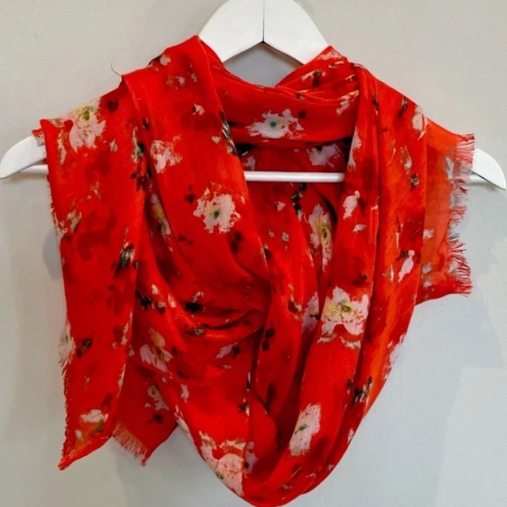 J.Crew Women’s Floral Pashmina Wool Laine Floral Scarf Wrap Shawl Red Orange